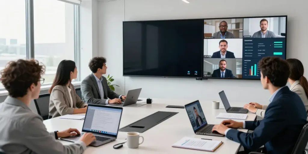 Professionals engaged in deepfake free meetings in a modern conference room setting.