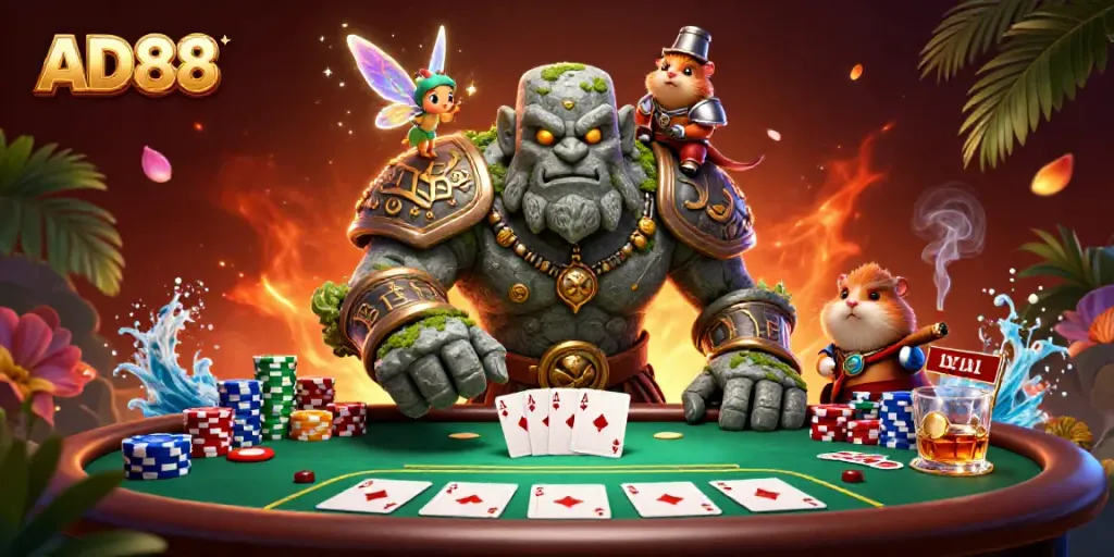 Engage in thrilling gameplay with AD88 featuring vibrant casino elements and magical characters.