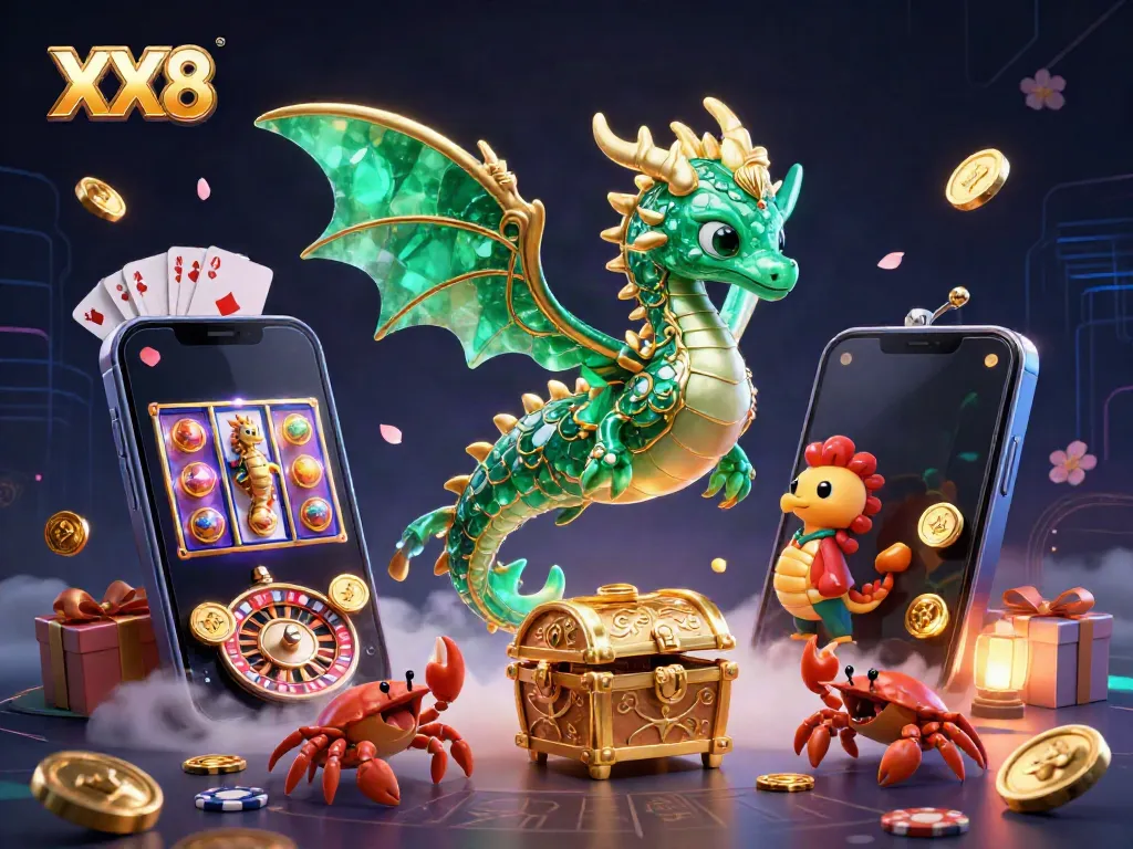 Engage in exciting gaming adventures at XX8 with a mythical sea dragon, treasure, and vibrant casino elements.