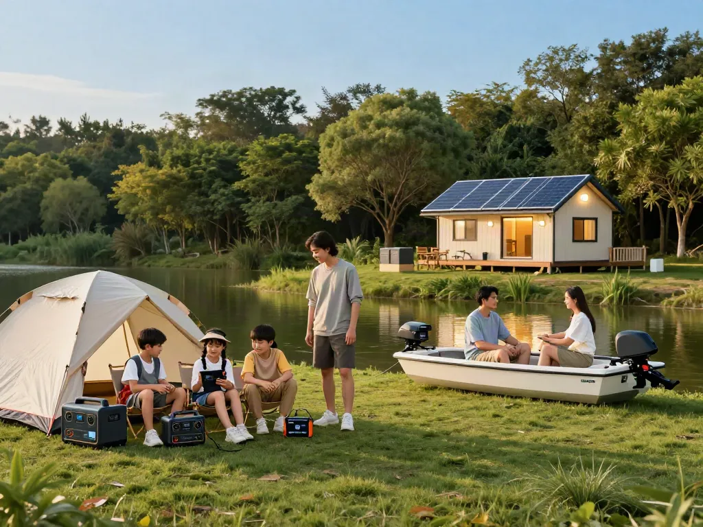 Family enjoying camping while using 12V Lithium Batteries for lighting and energy needs in a serene lakeside setting.
