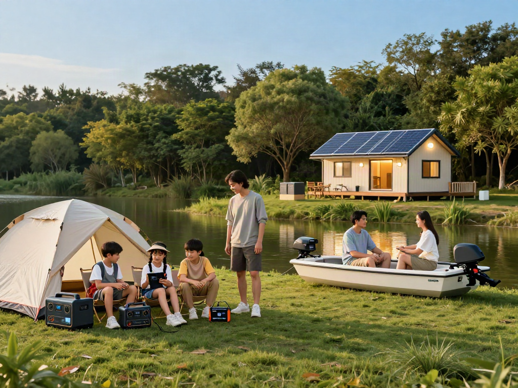 Family enjoying camping while using 12V Lithium Batteries for lighting and energy needs in a serene lakeside setting.