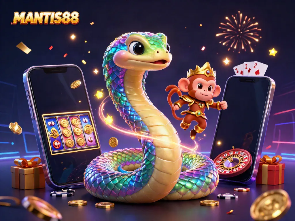 Experience excitement at MANTIS88 with vibrant 3D illustration of a rainbow serpent, monkey king, and dynamic casino elements.