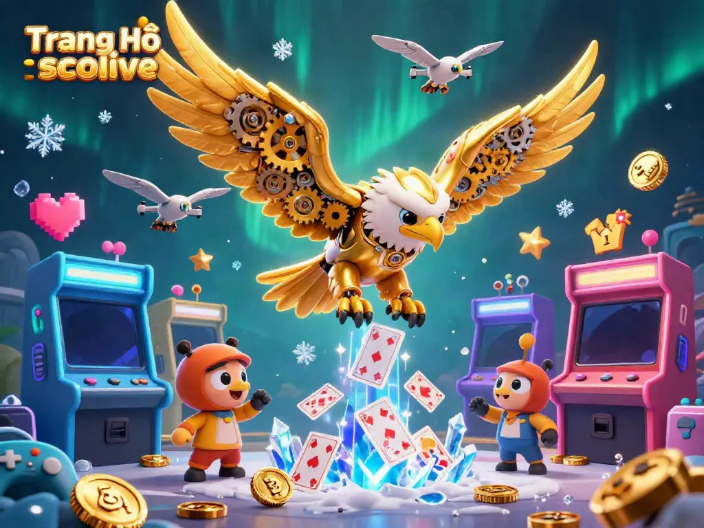 Engage with Trang Chủ socolive, featuring a cybernetic eagle amidst dynamic casino-themed elements and game excitement.