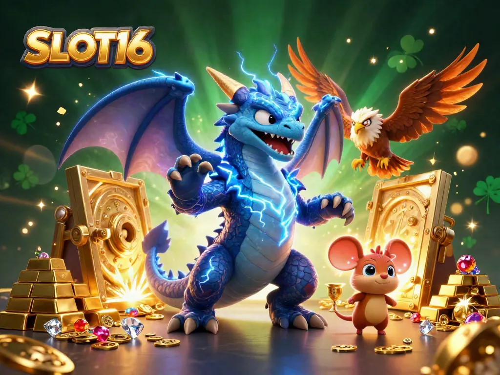 SLOT16 features a thunder dragon, wind hawk, and thunder mouse amidst riches, showcasing luck and excitement.