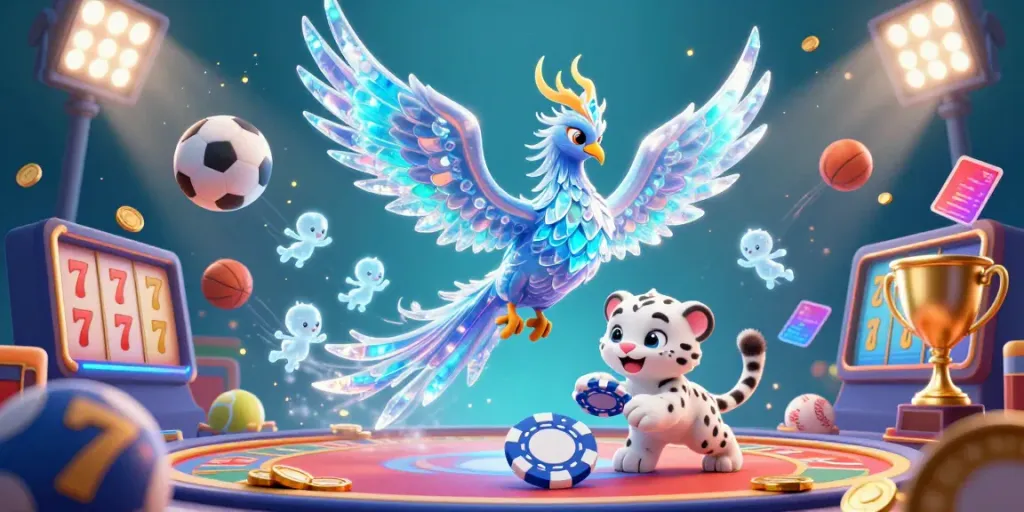 Experience the thrill of australianonlinecasino with a vibrant 3D scene featuring an ice phoenix, poker chips, and casino elements.