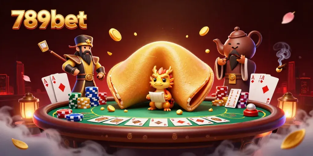 Experience thrilling action at 789bet with golden fortune cookie characters amidst a vibrant poker scene.