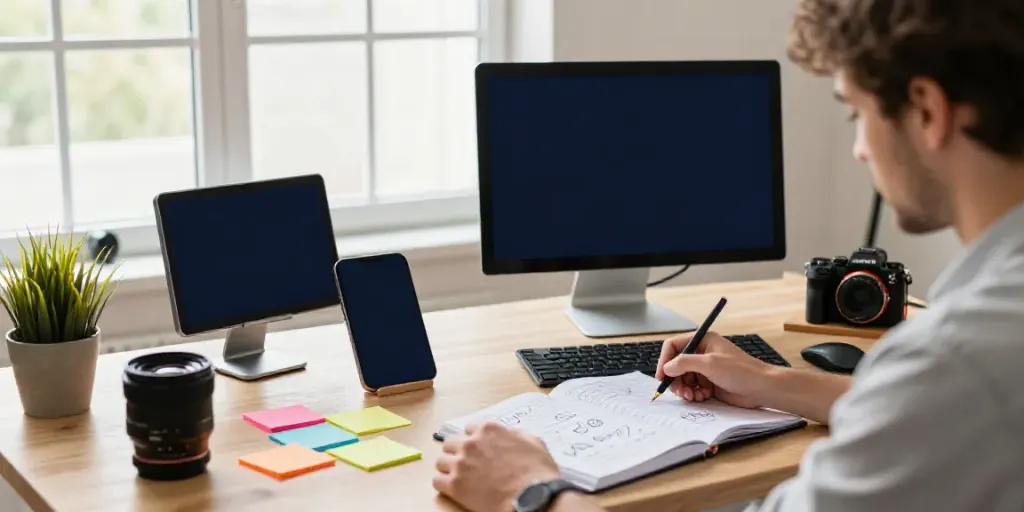 Writer using an AI content writing tool in a bright, creative workspace with modern technology.