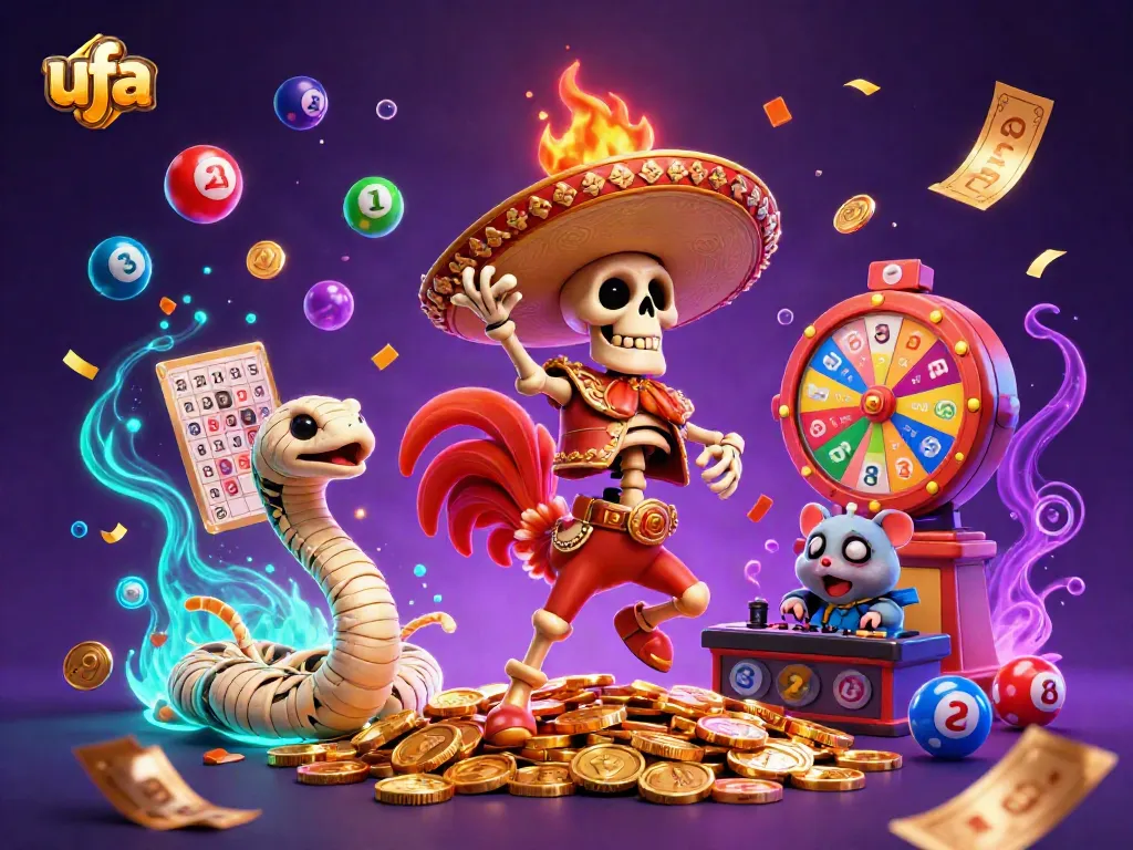Experience the excitement of ufa with colorful characters celebrating over winnings in this vibrant casino-themed illustration.