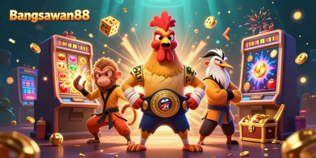 Bangsawan88 features a fierce Muay Thai rooster and Shaolin monkey surrounded by vibrant casino elements.