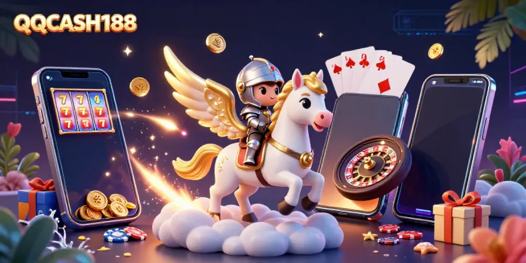 Experience exhilarating wins at QQCASH188 with a whimsical slot adventure illustration.