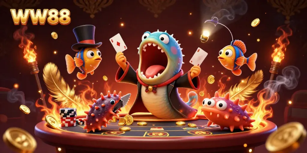 WW88 lively casino scene featuring a creative deep-sea gambling act with vibrant characters and golden elements.