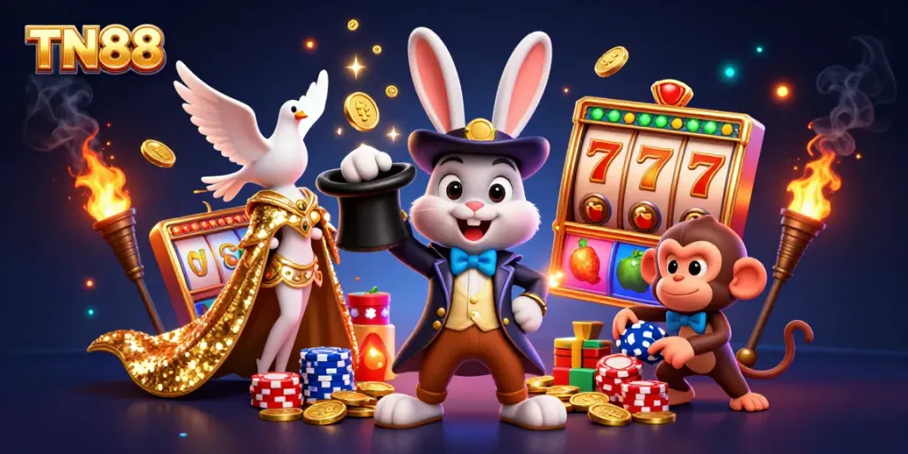Engage in the thrilling world of TN88 casino with a magician rabbit, assistant dove, and monkey amidst golden coins and slot game reels.