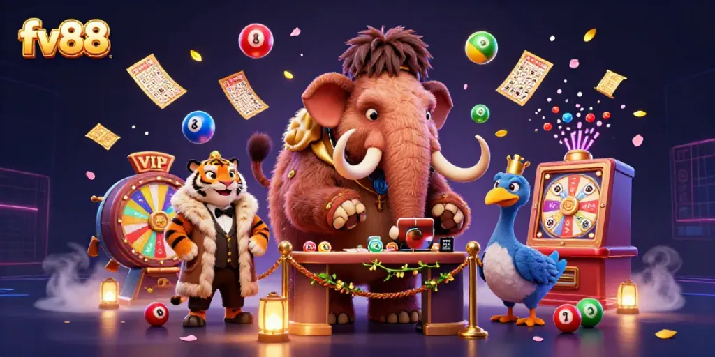 Experience the vibrant atmosphere at fv88, where a woolly mammoth bouncer oversees lottery excitement and ticket confetti.