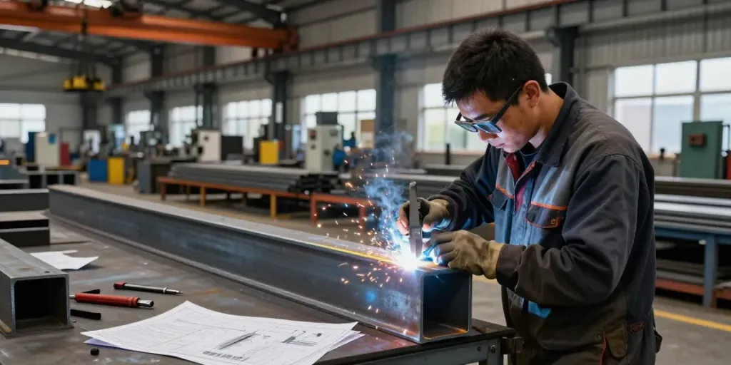 Steel fabrication workshop with craftsman measuring steel beams, emphasizing precision and quality craftsmanship.
