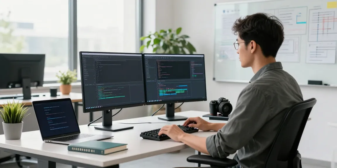 Developer focused on coding in a modern workspace with dual monitors, showcasing the Acknosoft tech environment.