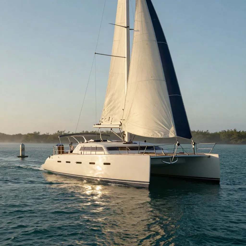 White catamaran slicing a turquoise channel at sunset, wake fanning behind it.