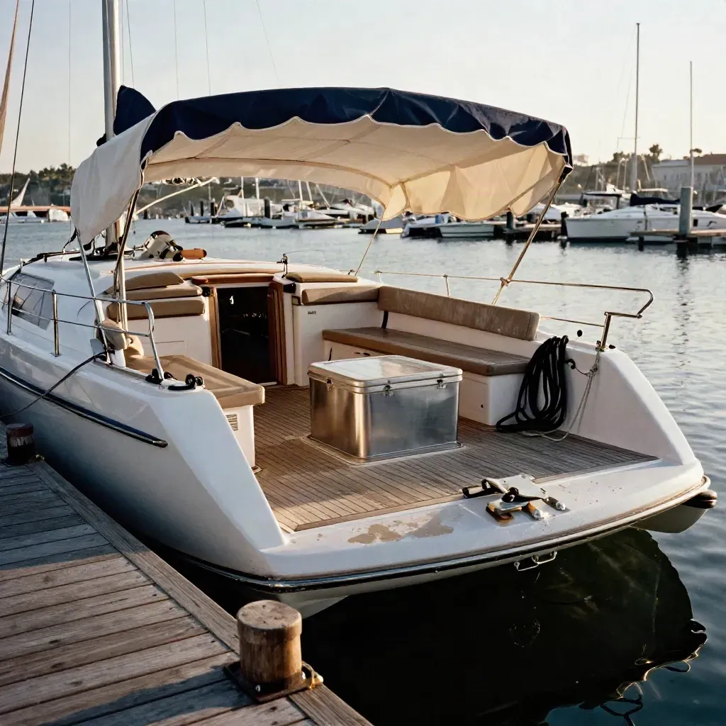 Private catamaran stern at a marina slip with coiled lines and teak seating in warm afternoon light.