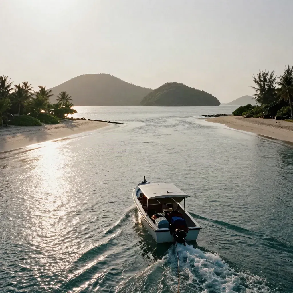Small cruise boat crossing between tropical islands with dinghy tow and open hatch