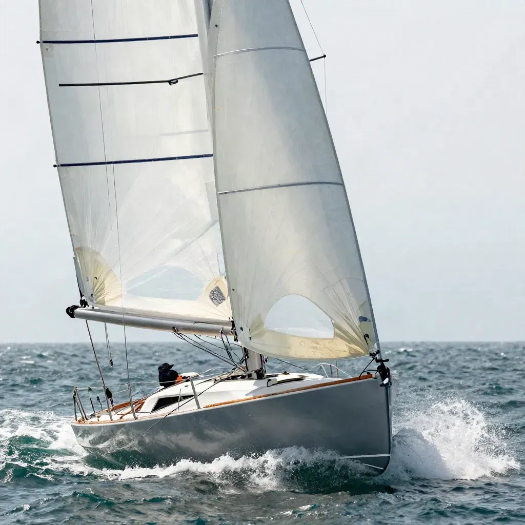 Monohull sailing fast under full canvas, spray at the bow, white wake, bright sky.