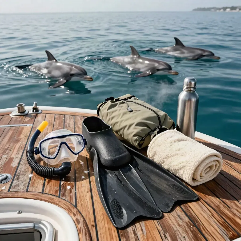 Snorkel gear on a teak boat deck with dolphins arcing beyond the bow in bright morning light