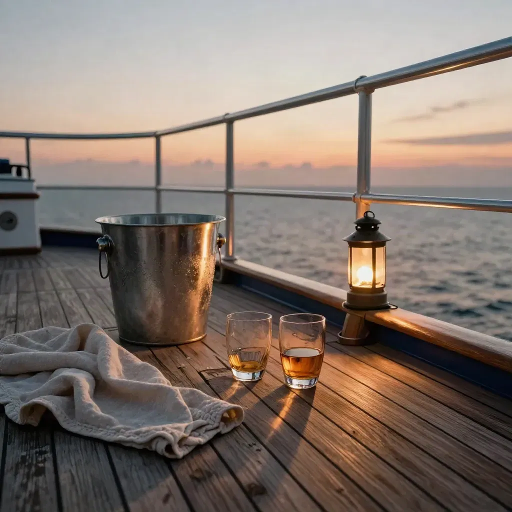Empty sunset cruise deck with glasses, ice bucket, throw, lantern, and glowing horizon at dusk.