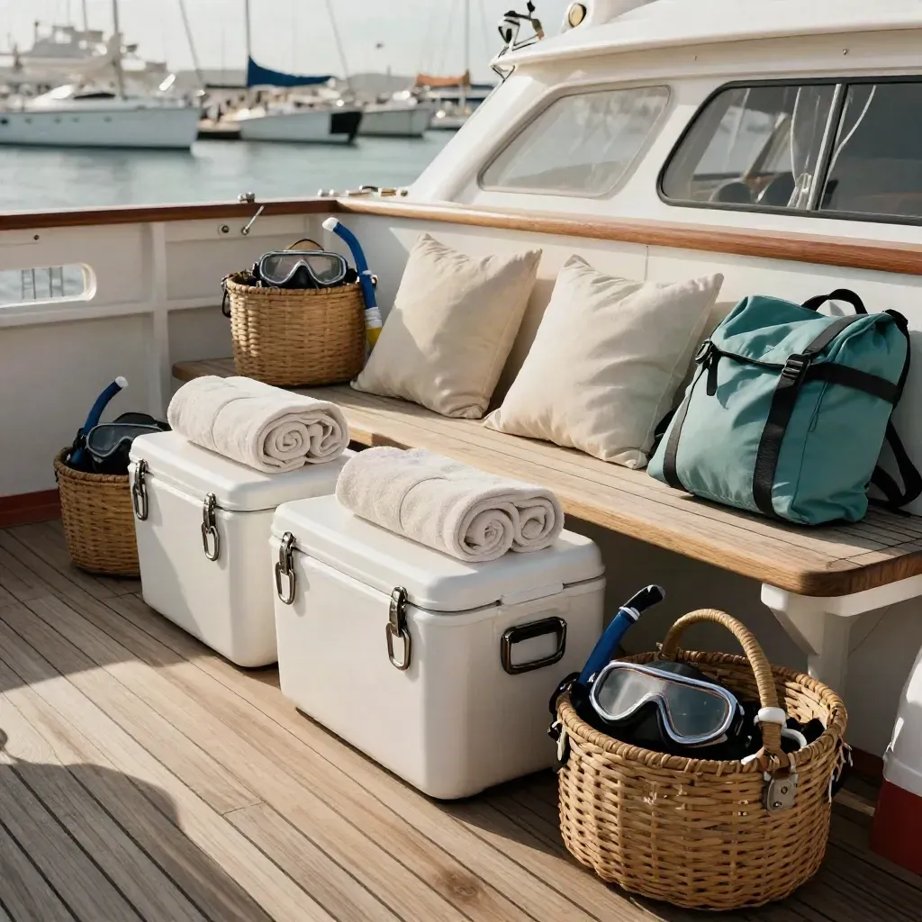 Charter deck packed with coolers, towels, cushions, snorkel baskets and dry bags at a marina.