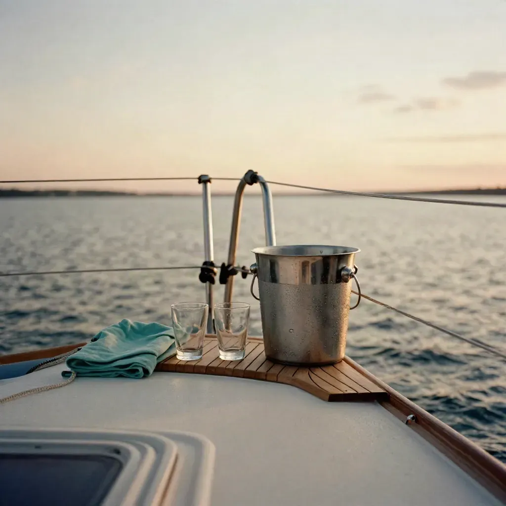 Sunset sail setup on a yacht deck with glasses, ice bucket and folded blanket.