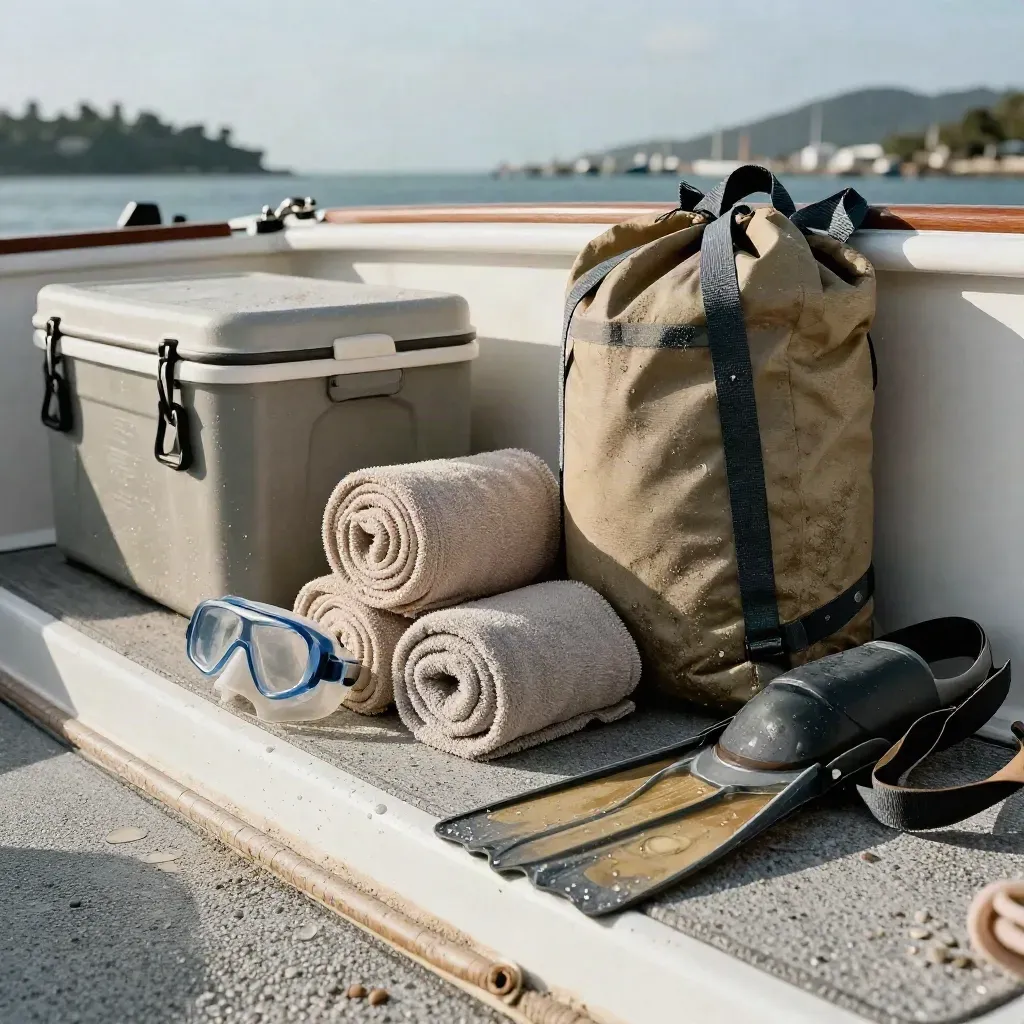 Wet charter boat deck with packed island-tour gear, cooler, fins, towels, and dry bags