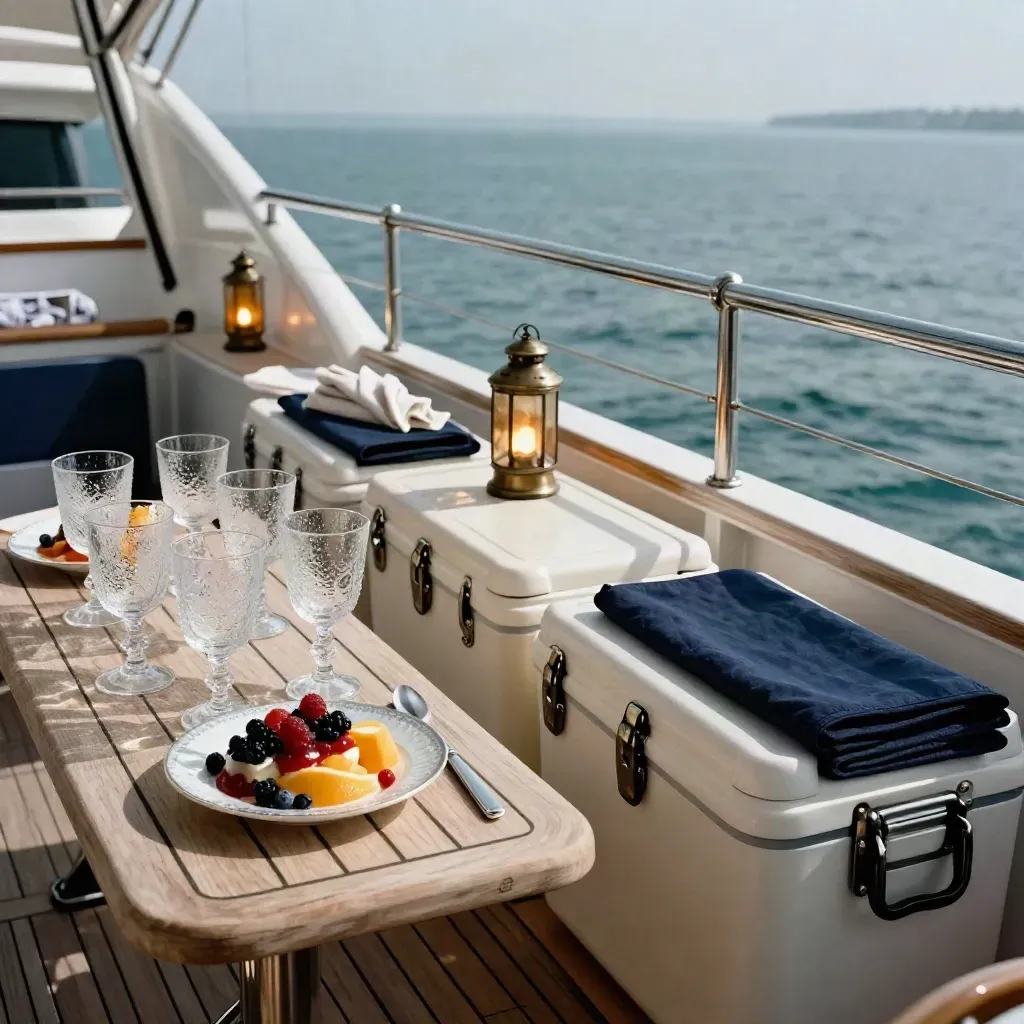 Birthday cruise deck setup with glassware, dessert, coolers, lanterns, and linens on a yacht