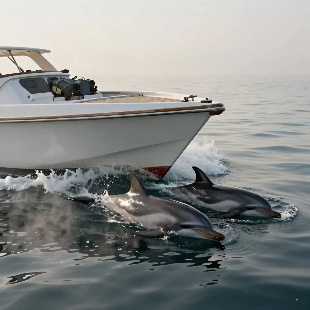Two dolphins surface beside a charter bow cutting a glassy morning wake.