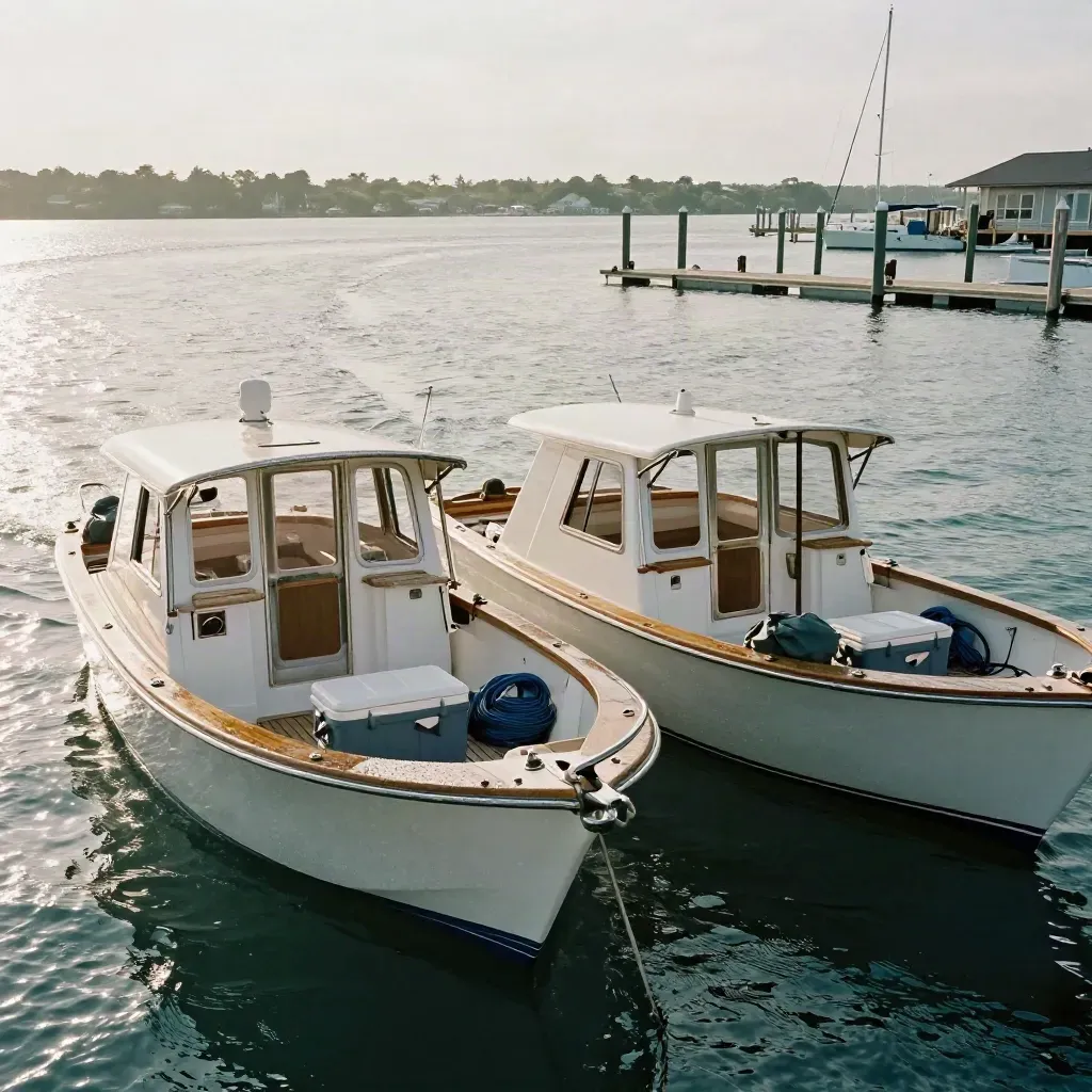 Two charter boats return side by side to a hazy marina with gear settled on deck.