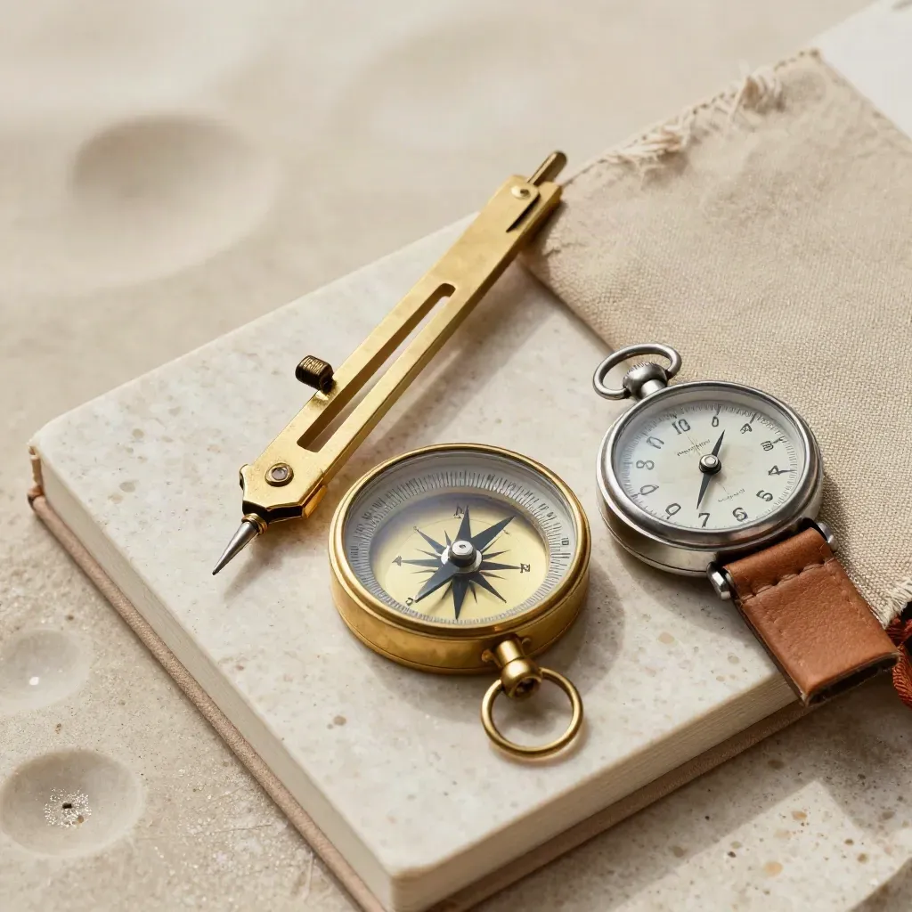 Brass dividers, marine compass, tide watch, and route notebook on travertine.