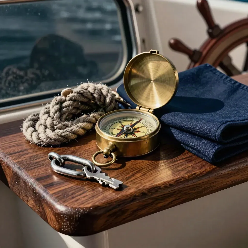 Helm compass, coiled line, shackle and navy signal cloth on dark teak, lit dramatically.