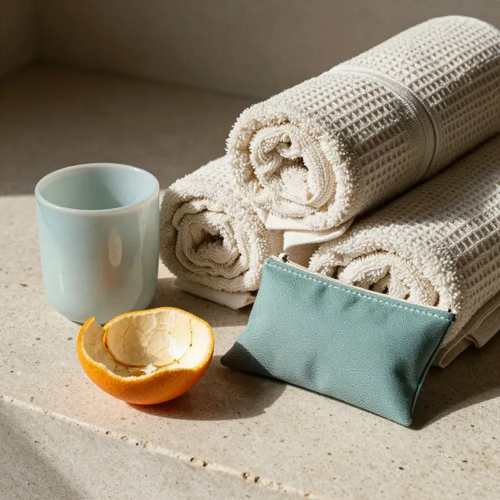 Towels, tumbler, citrus bowl and teal dry pouch on pale stone