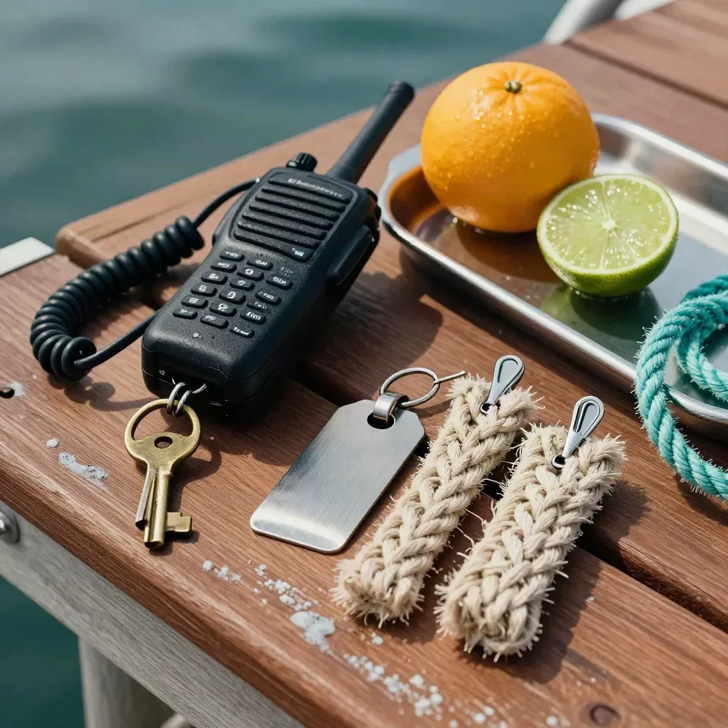 Marina keys, VHF handset, dock tag, rope samples and citrus water on a teak dock bench.