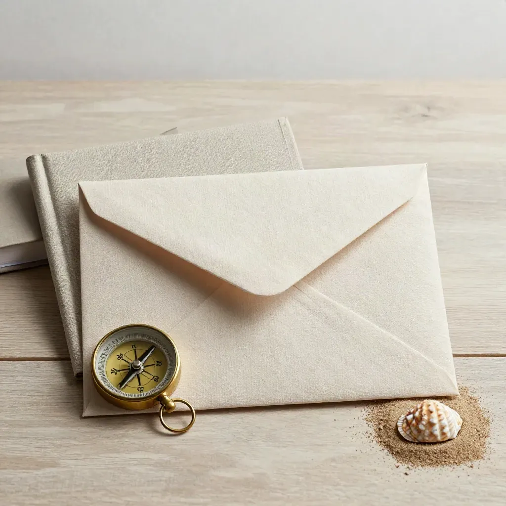 Linen envelope, brass compass, notebook and shell arranged on pale wood with soft side light.