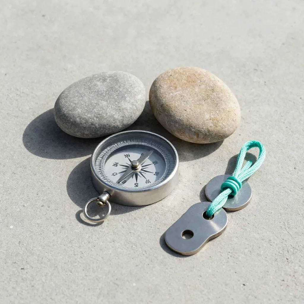 Overhead route-planning still life with stones, compass, cord, and metal markers