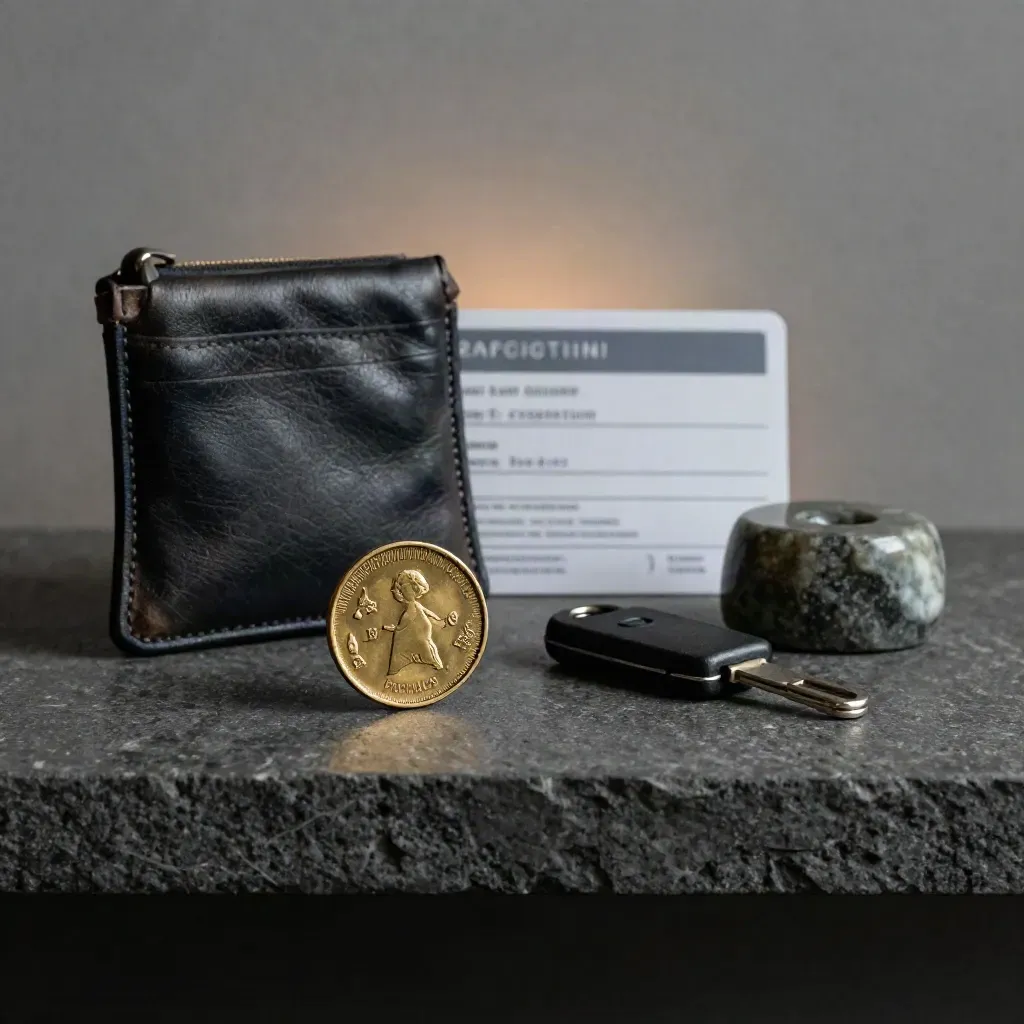 Brass token, key fob, payment pouch and stone paperweight on dark stone shelf.