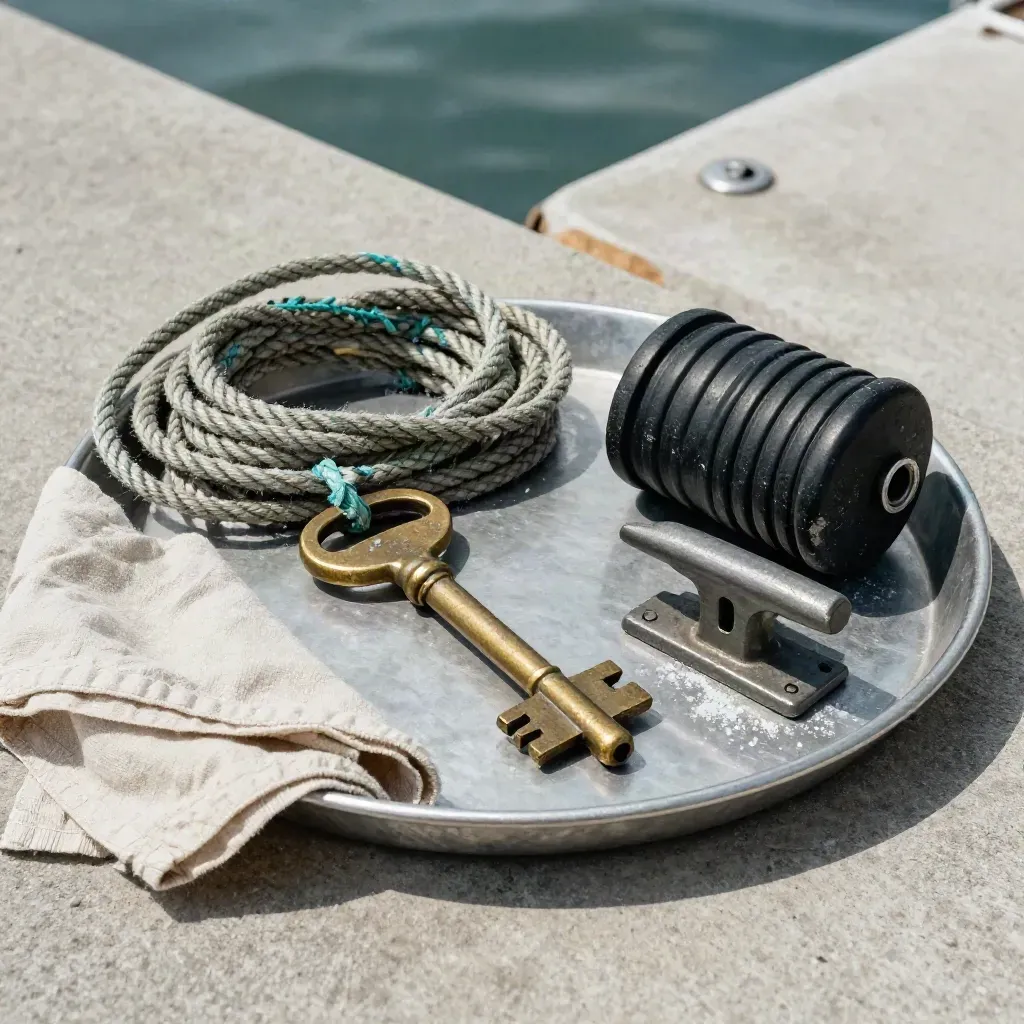 Dock key, mooring line, fender and cleat fragment on a galvanized tray by the water.