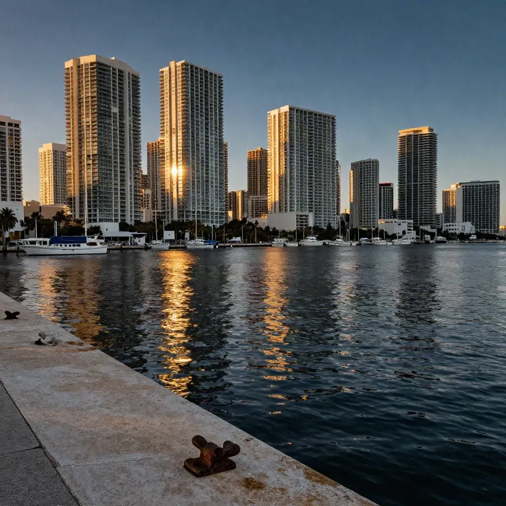 Miami skyline over calm marina water at golden hour