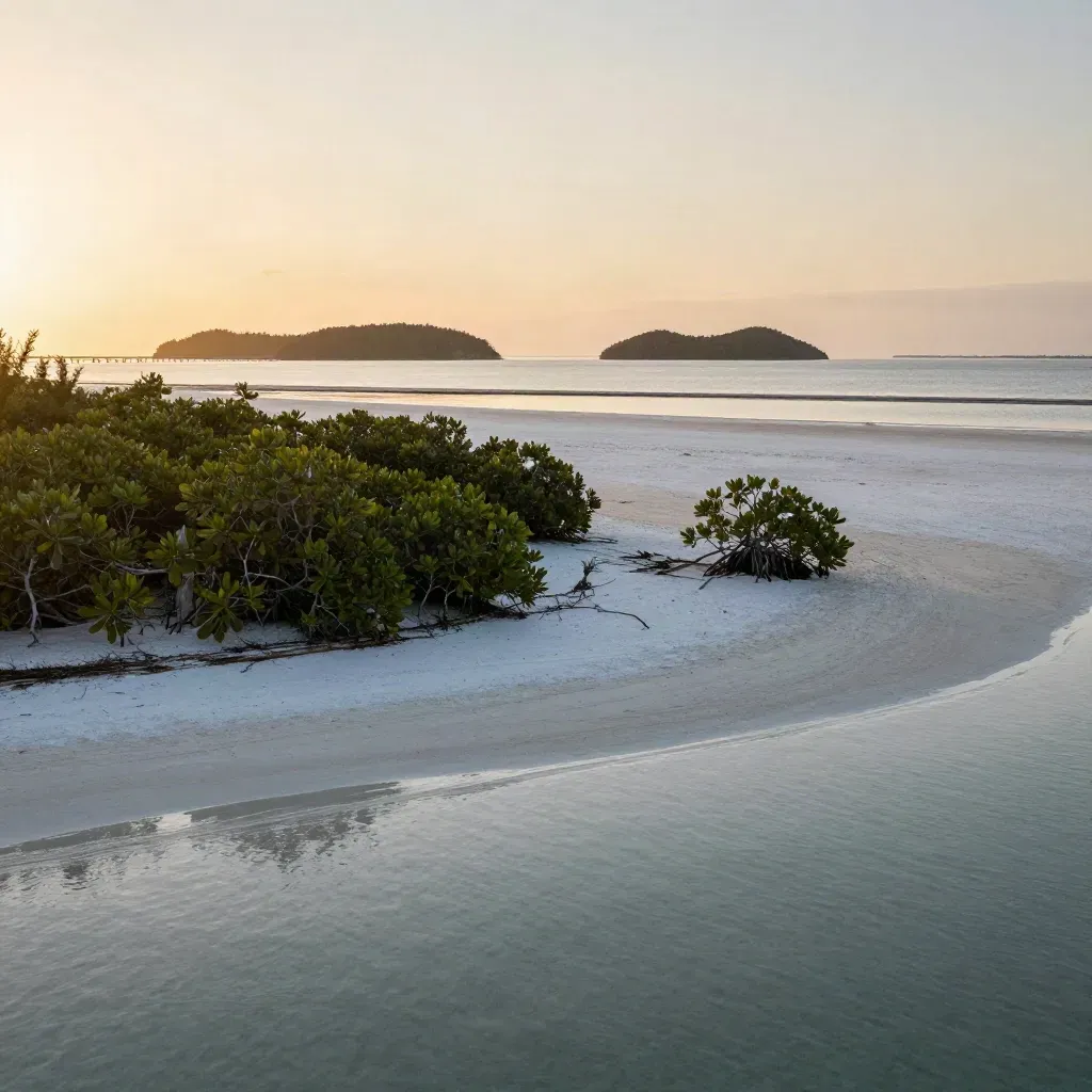 Sunset over the Florida Keys with mangroves, a distant bridge, and calm pale water flats.