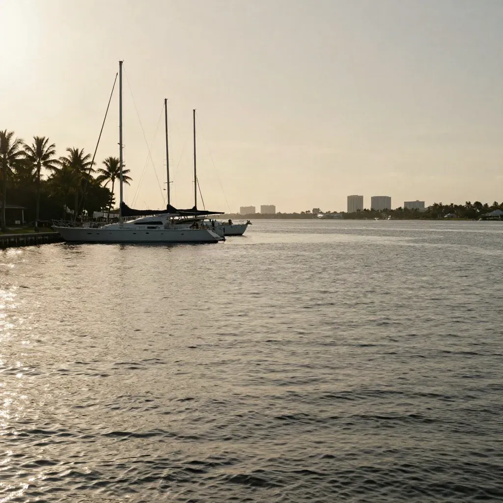 Golden-hour Fort Lauderdale intracoastal waterway with yacht masts, palms and hazy shoreline.