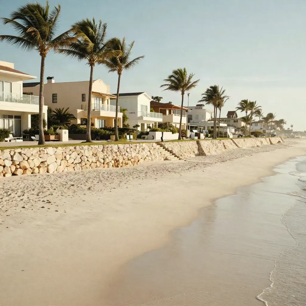 Palm Beach Coast shoreline with palms, limestone villas, pale surf and calm sand under warm haze.