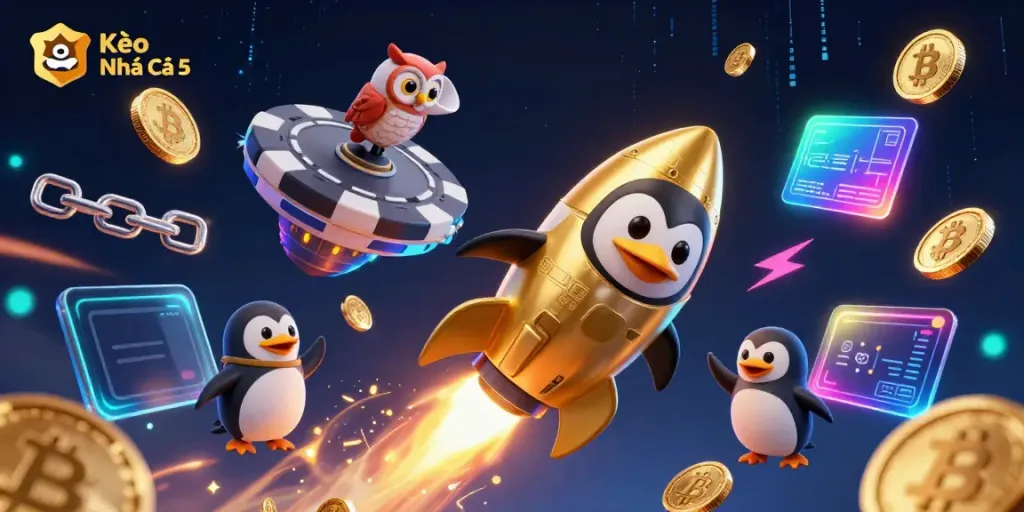 Kèo Nhà Cái 5 showcases a golden penguin soaring towards a casino space station, with floating cryptocurrencies