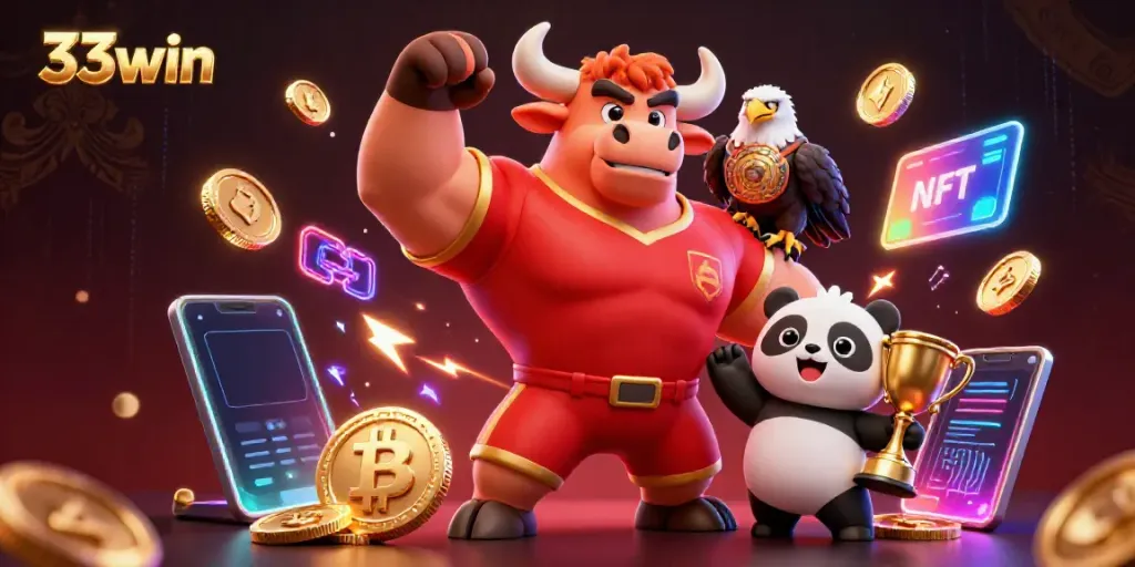 Engaging scene of 33win with a muscular bull mascot, eagle, and panda celebrating big wins in a vibrant casino background.