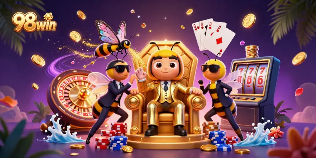 Experience exhilarating wins with 98win in a vibrant casino scene illustrating dynamic games