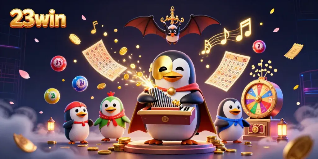 Experience the thrill of 23win with a cartoon penguin playing music while coins flow, surrounded by vibrant casino elements.