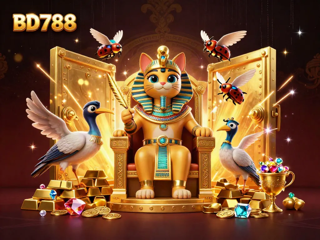 Experience the allure of BD788 with a vibrant Egyptian-themed digital casino scene filled with treasures.