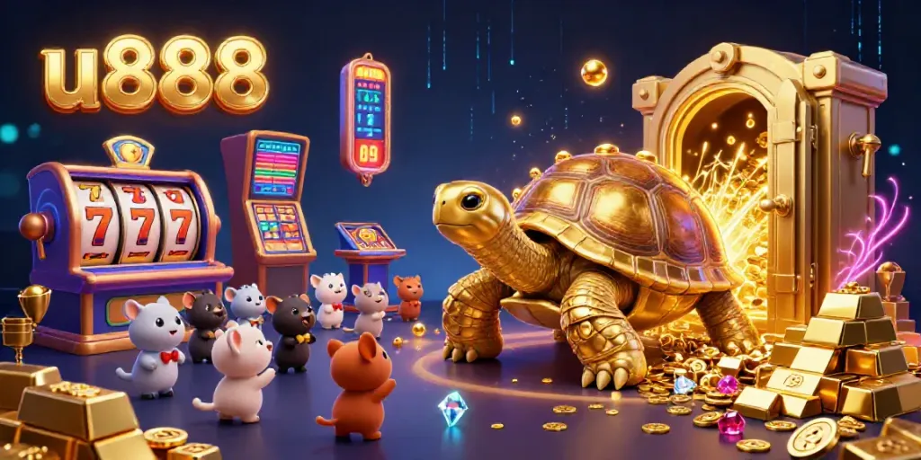 Join the fun at u888 with an epic casino scene of a golden tortoise pinball machine surrounded by exciting gameplay elements.