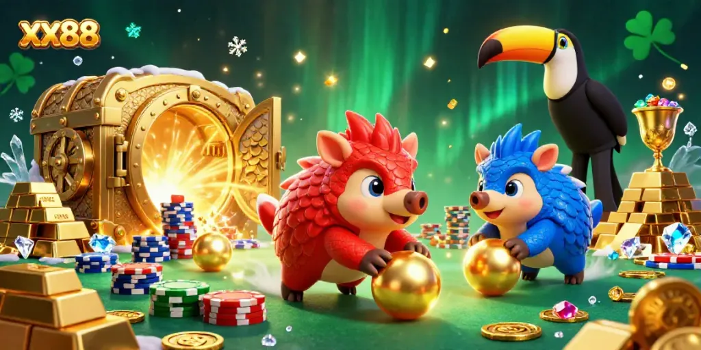 Engage in thrilling action at xx88 with dynamic pangolins challenging over poker chips and treasures.